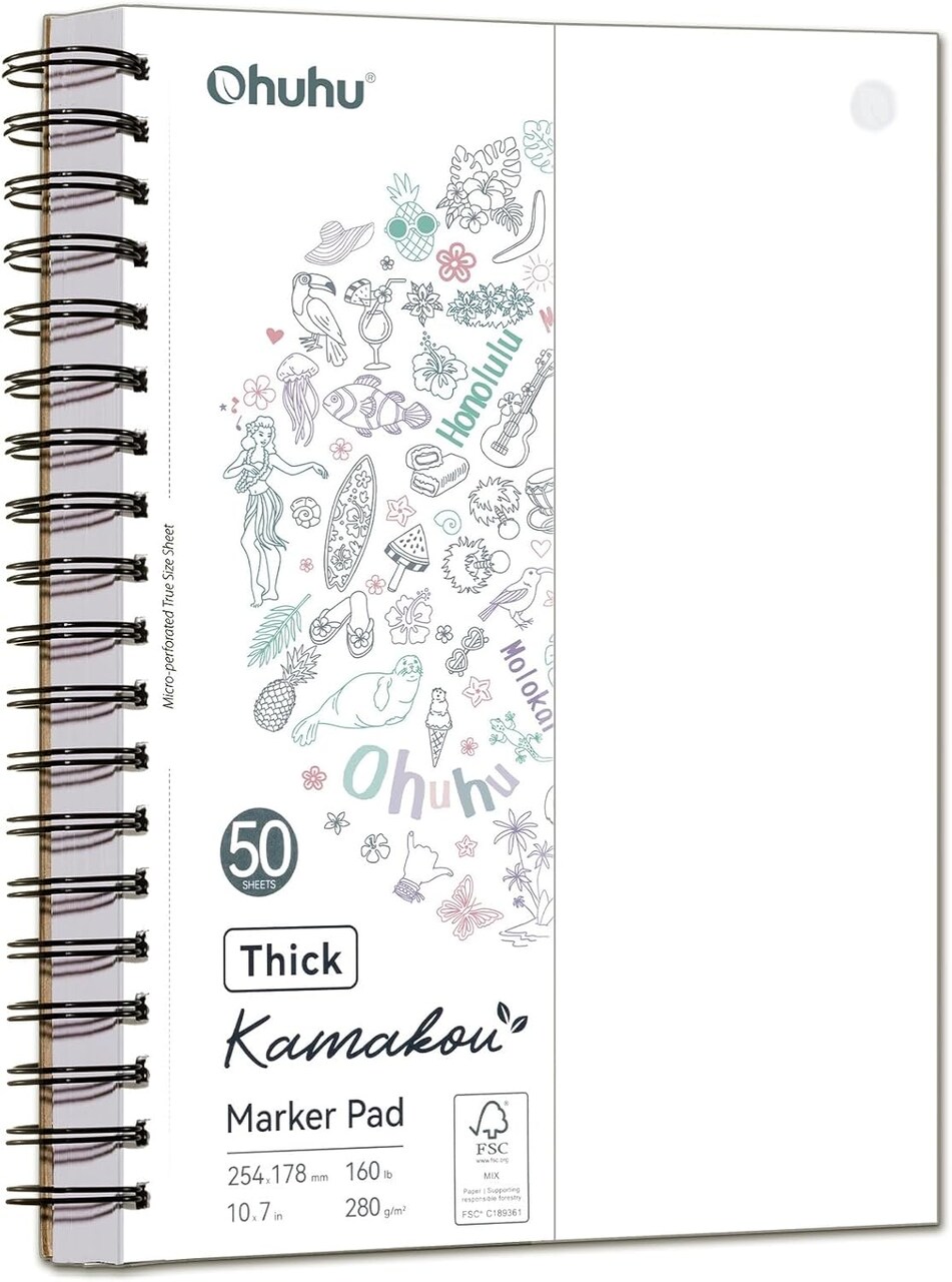 Ohuhu Double-Sided Marker Pad, Bleedproof Art Sketchbook – 7"x10" Large, 160 lb/280 GSM Heavyweight Smooth Paper – 50 Sheets/100 Pages, Spiral-Bound Drawing Book for Alcohol Markers